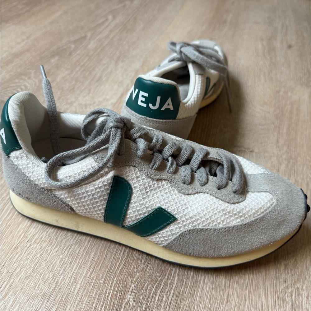 Veja Gray and Green Retro Sneakers with Suede Overlays